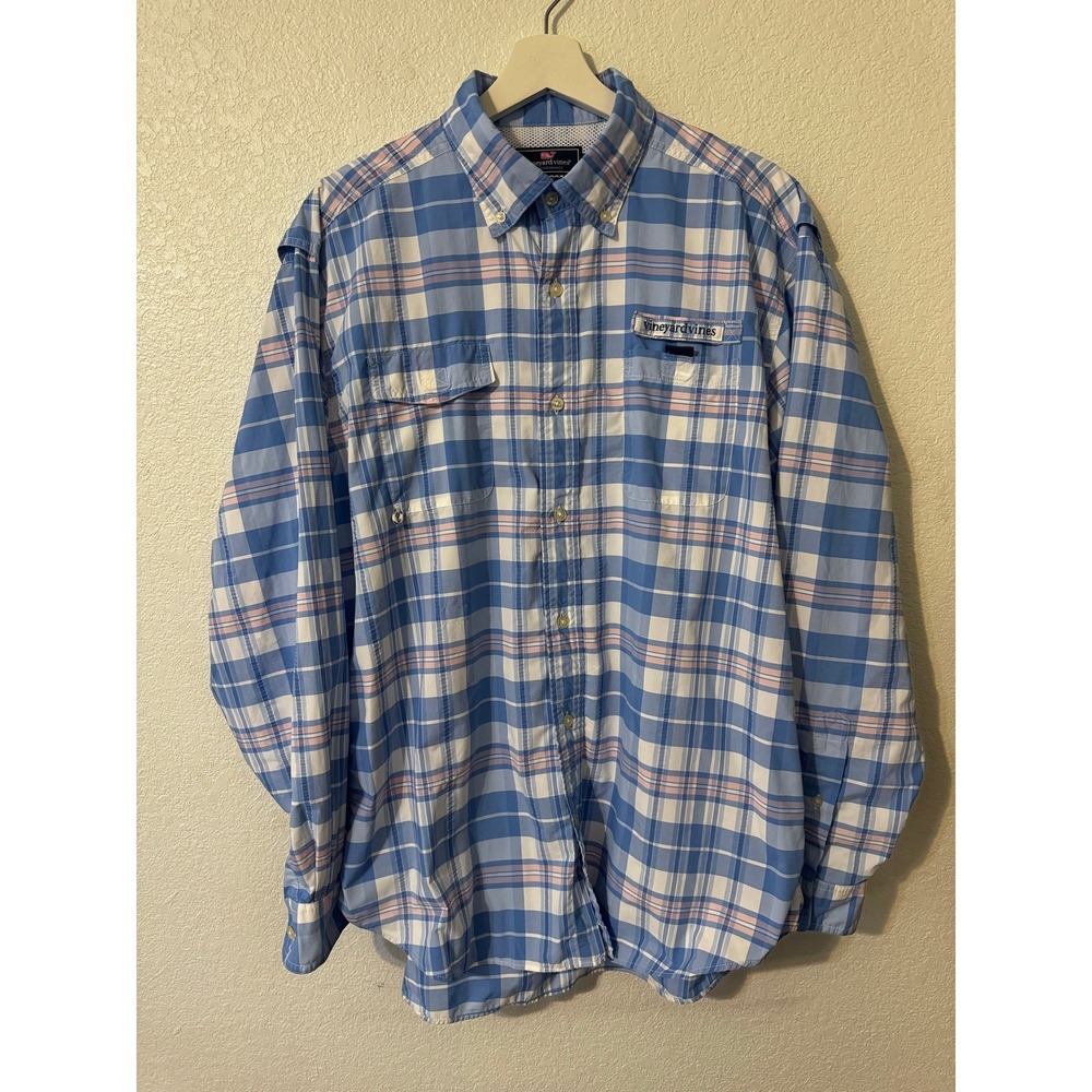 Vineyard Vines Harbor Shirt Mens Large Blue Pink Plaid Performance Vent Fishing